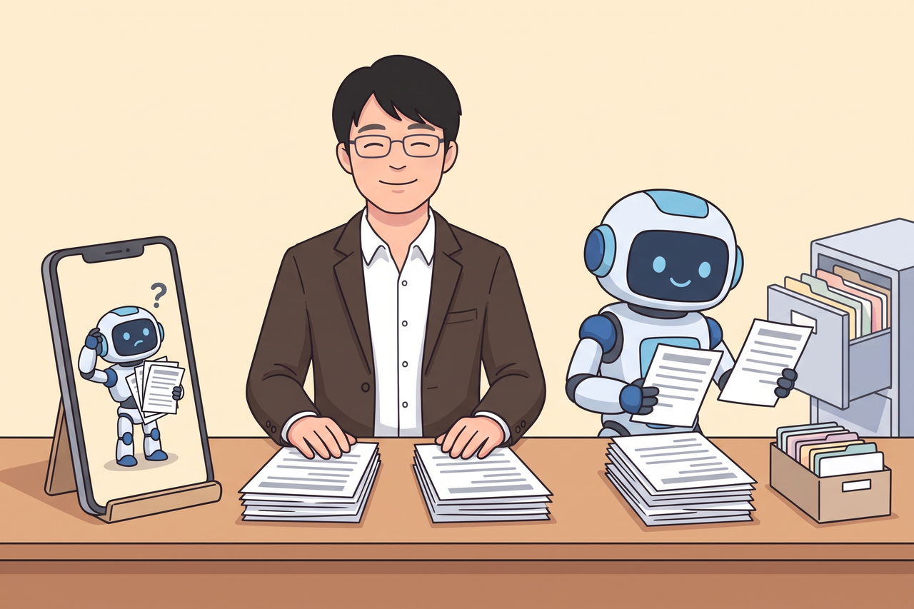 スマホの中のAIは名簿がなく首をかしげ、隣のAIロボットはファイル棚を見ながらアンケートを2つに仕分け、島田が満足そうに見ている様子