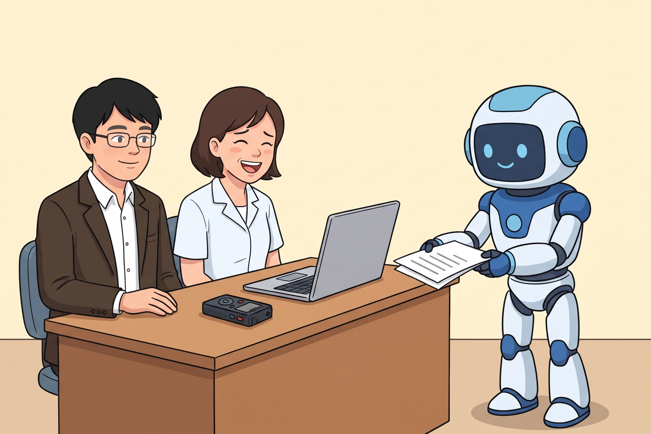 治療院の先生の隣で、ロボットが録音機からノートパソコンへ紙を運んでいるイラスト