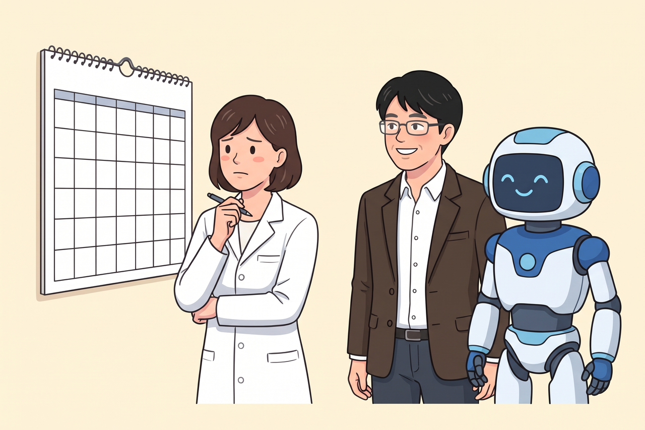 空のカレンダーの前でペンを持って迷う治療院の先生と、それを見守る男性とロボット