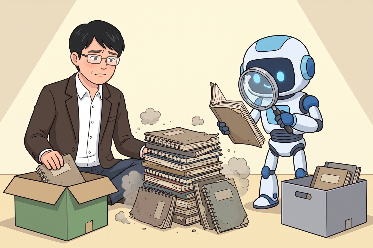 古いノートの山の前で迷う島田と、虫眼鏡で見て箱に分けるAIロボット