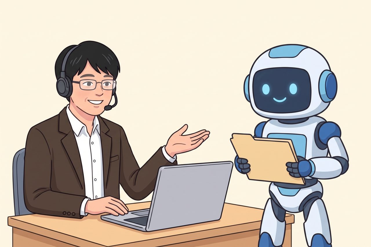 ヘッドセットを付け、オンラインの勉強会で話す島田