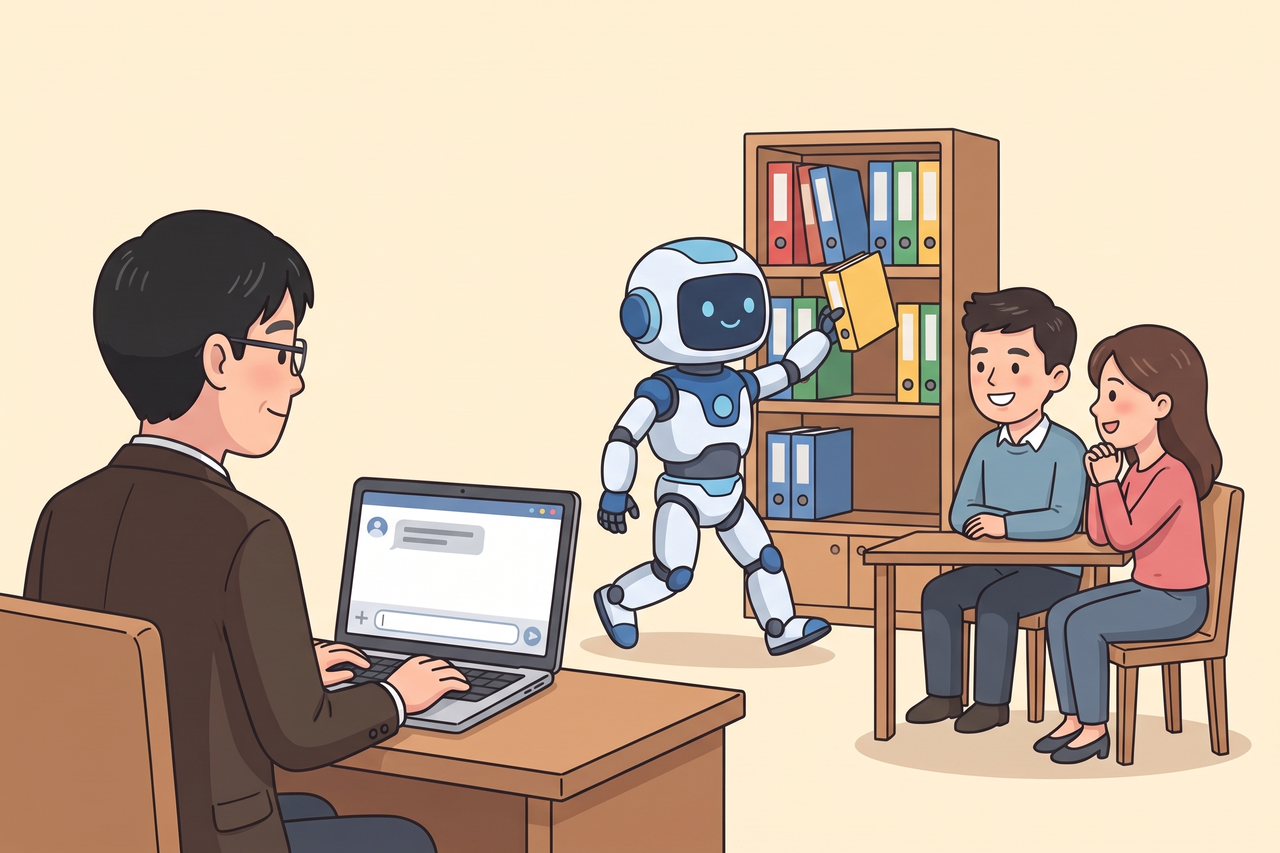 島田がノートパソコンに一行だけ打ち込み、AIロボットが資料の棚へ向かっている場面