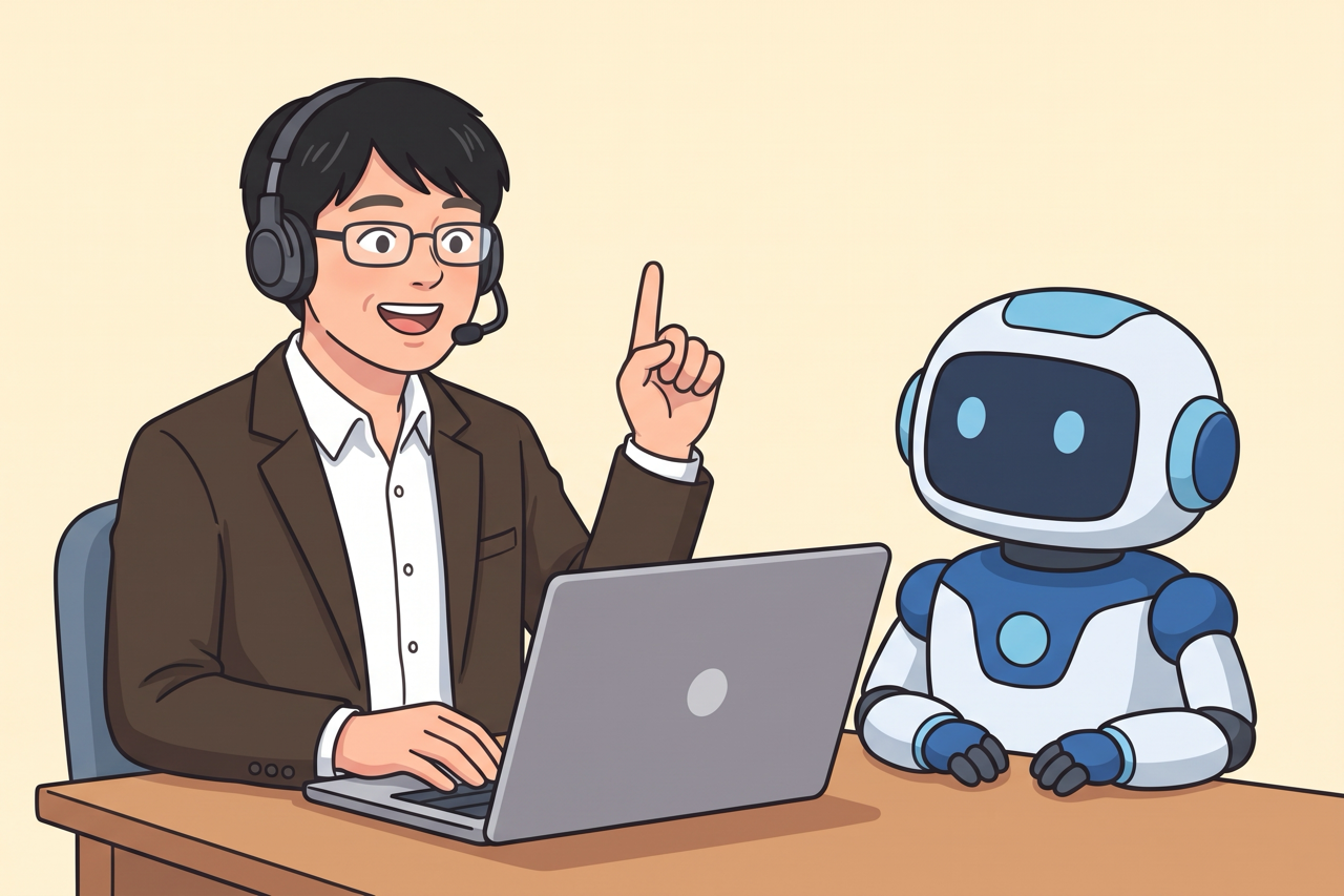 ヘッドセットを付け、オンラインの勉強会で人差し指を立てて話し始める島田