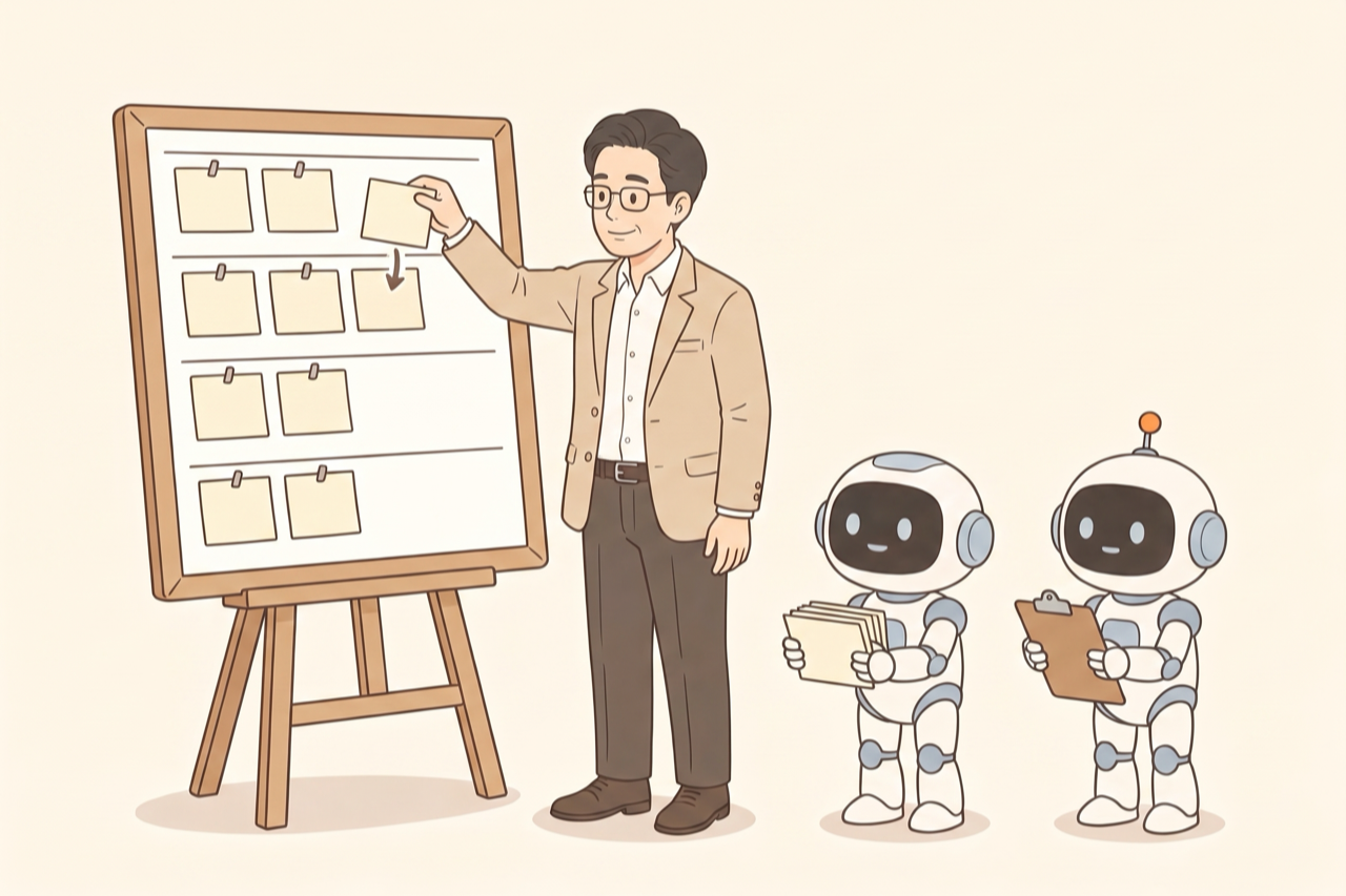4段の担当表の前で、担当の札を貼り替えている経営者とAIロボットのイラスト