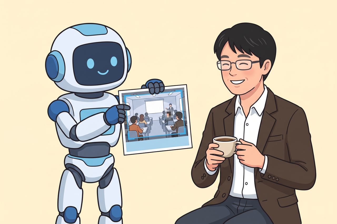 AIロボットが、奥の参加者の顔にモザイクをかけてトリミング枠を当てたセミナー会場の写真を掲げ、島田がコーヒーを手に笑っている様子