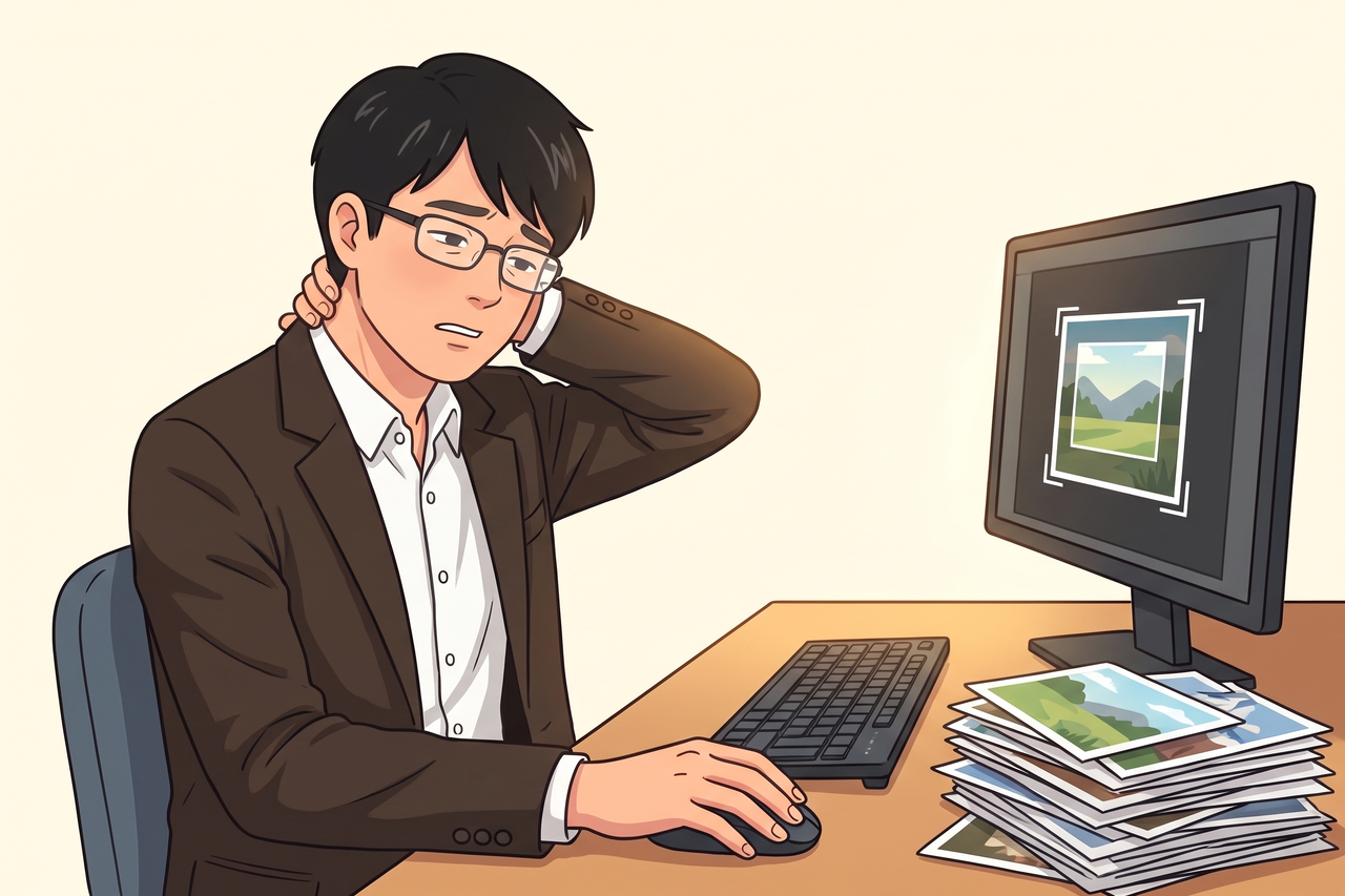 机に積んだ写真の束の横で、島田が首を押さえながら画面の写真を手作業でトリミングしている場面