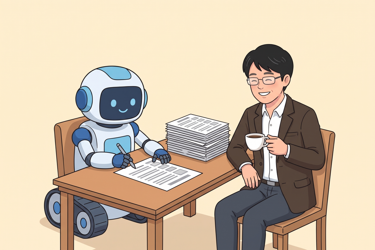 AIロボットが型の決まった書類を手早く仕上げて積み上げ、島田がコーヒーを手に安心した表情で見ている様子