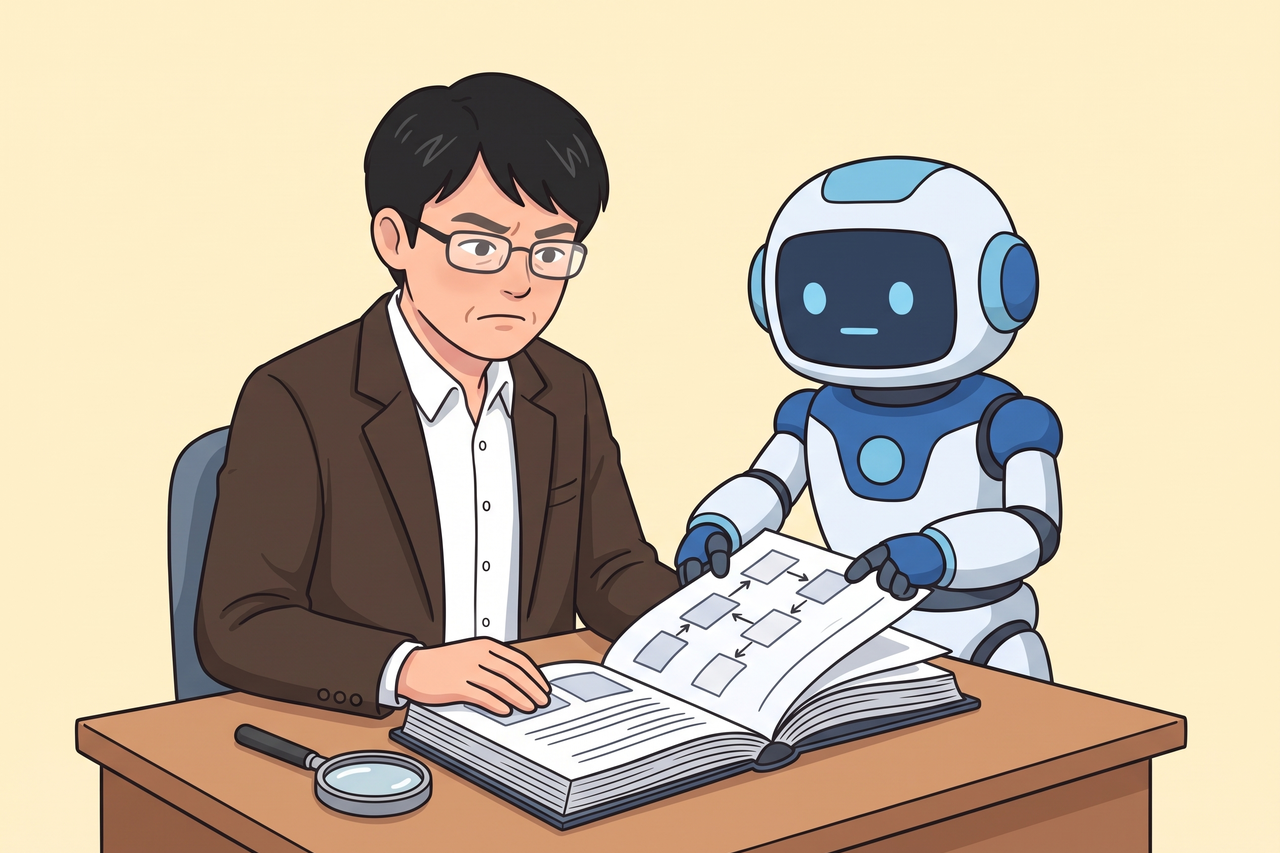 AI導入の提案書の計画表を、ロボットと一緒に険しい顔で読む男性