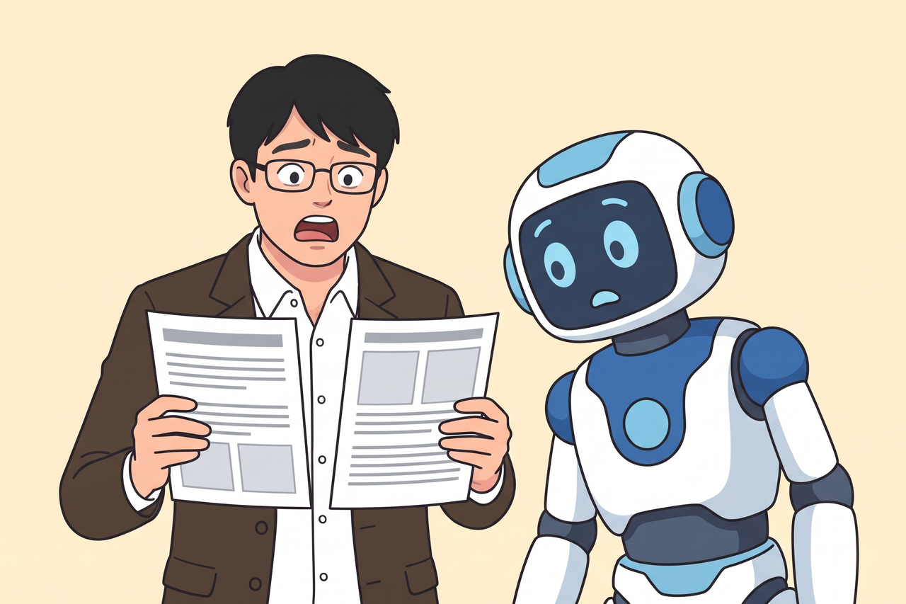 提案書の2枚のページを見比べて驚く男性とロボット