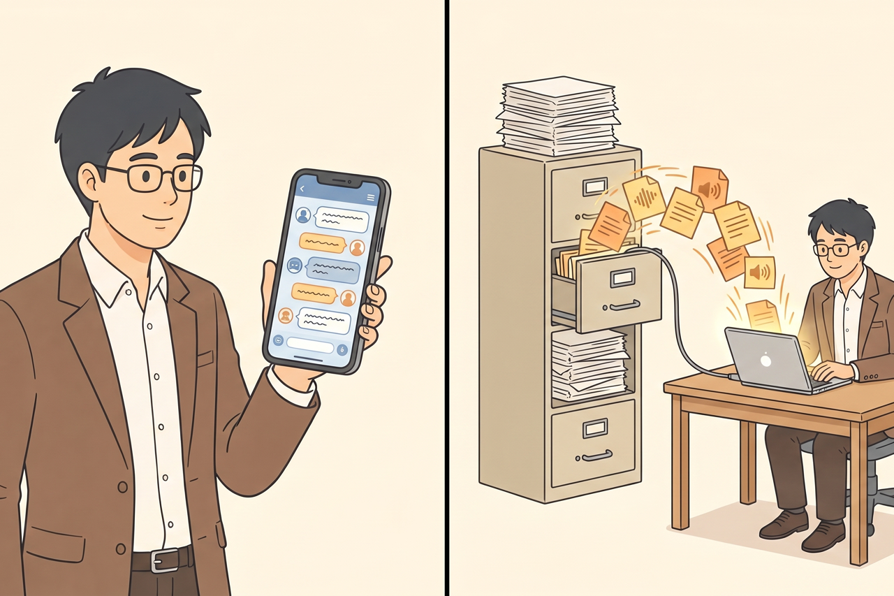 スマートフォンの中の相談用AIと、パソコンの中で会社の資料を読む業務用AIを並べたイラスト
