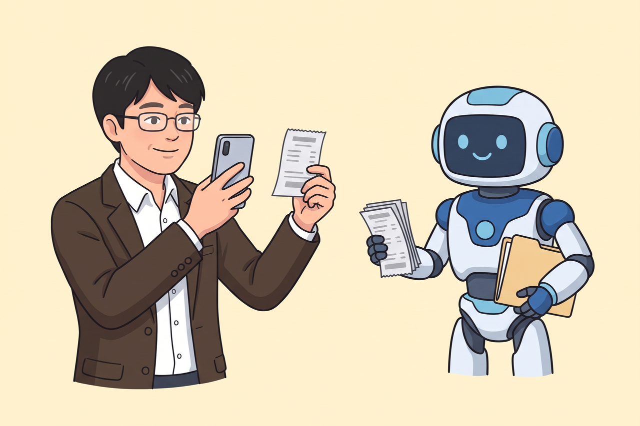 領収書をスマートフォンで撮る男性と、領収書の束とフォルダを持つロボット