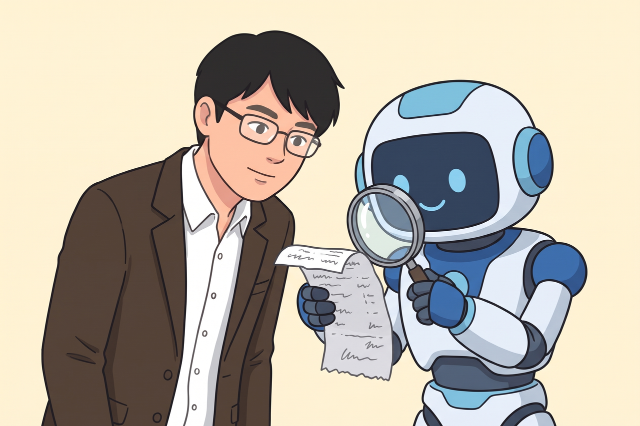 手書きの領収書を虫めがねで確かめるロボットと、のぞき込む男性