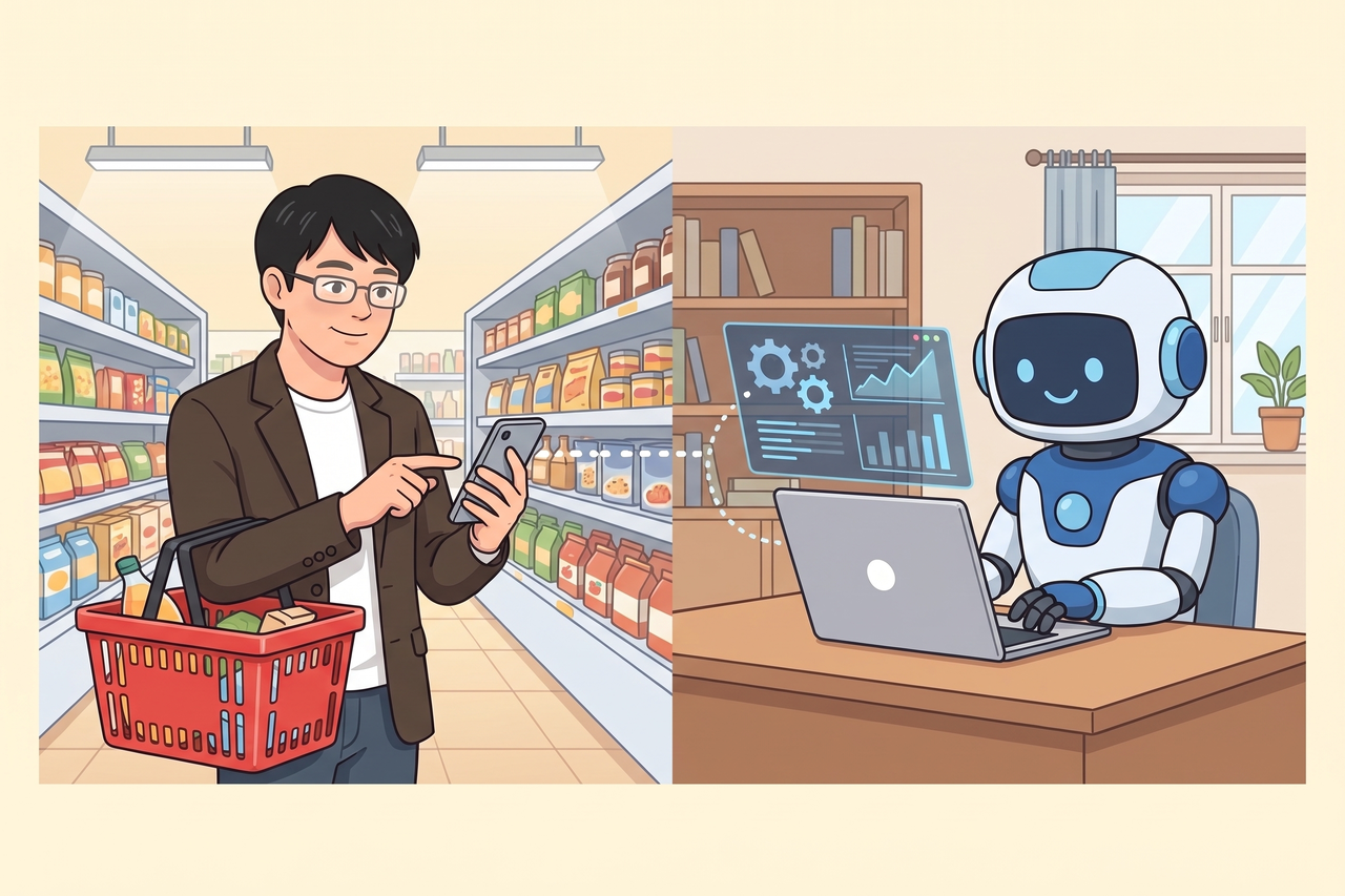 買い物中の島田がスマホで許可を押し、家の机ではAIロボットがパソコンの作業を続けている様子