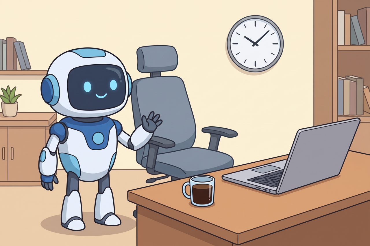 誰もいない部屋で、AIロボットが空いた椅子の横で手を挙げたまま許可を待っている場面