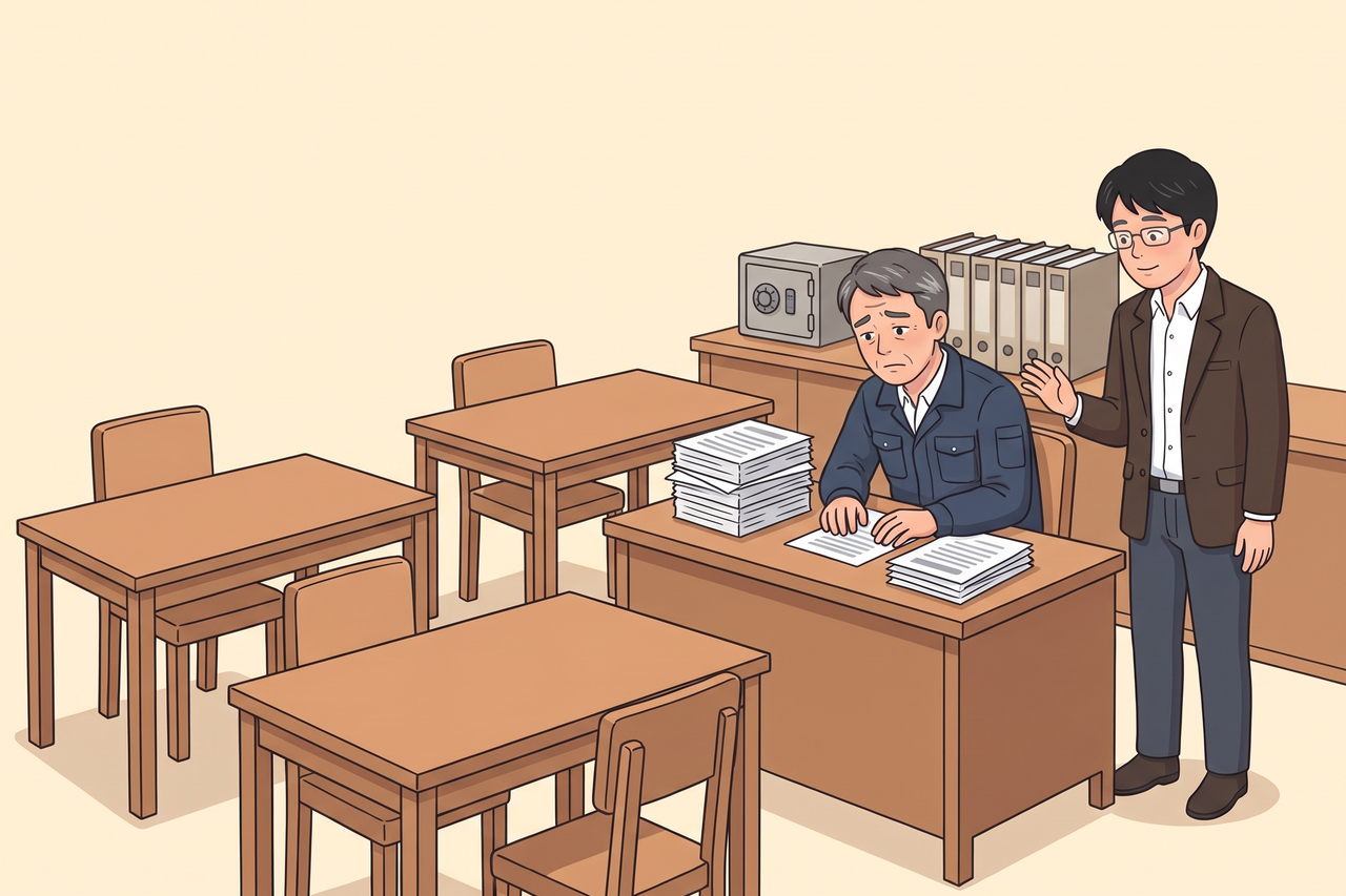 社員さんが抜けて空いた机が並ぶ小さな事務所で、山積みの仕事を前に途方に暮れる社長に、島田が寄り添っている様子