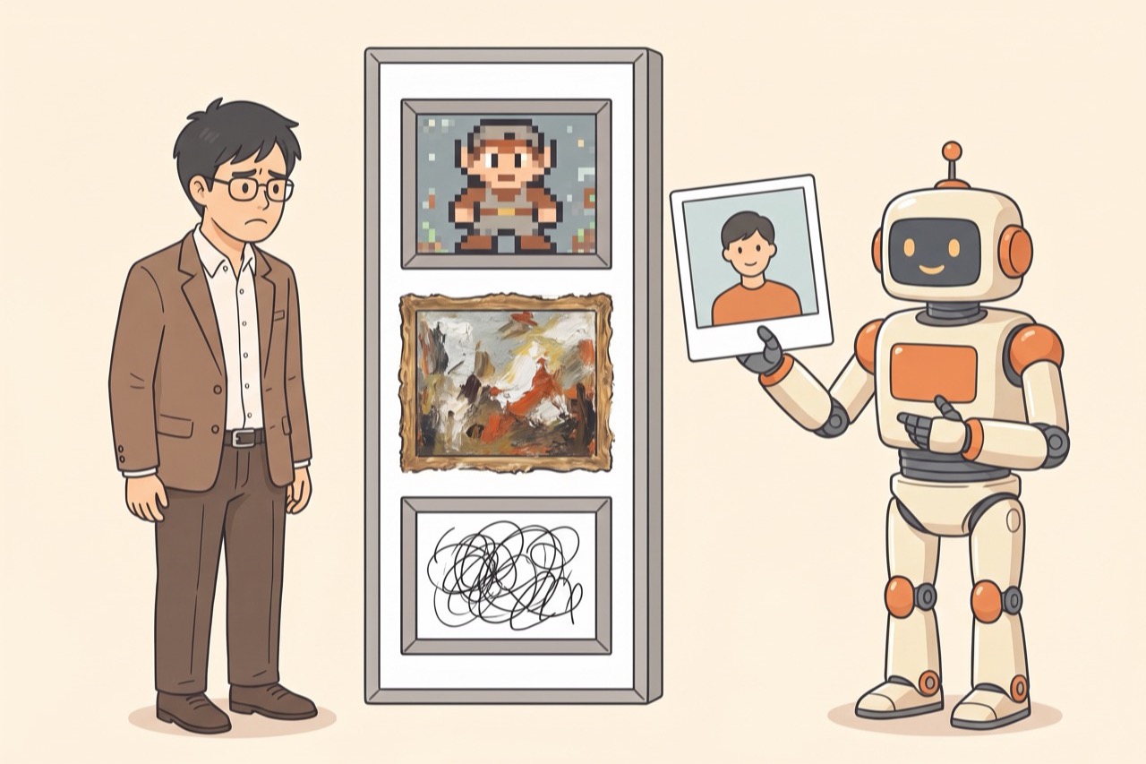 1本の記事の中で絵柄が3種類に割れているのを島田が指さしているイラスト