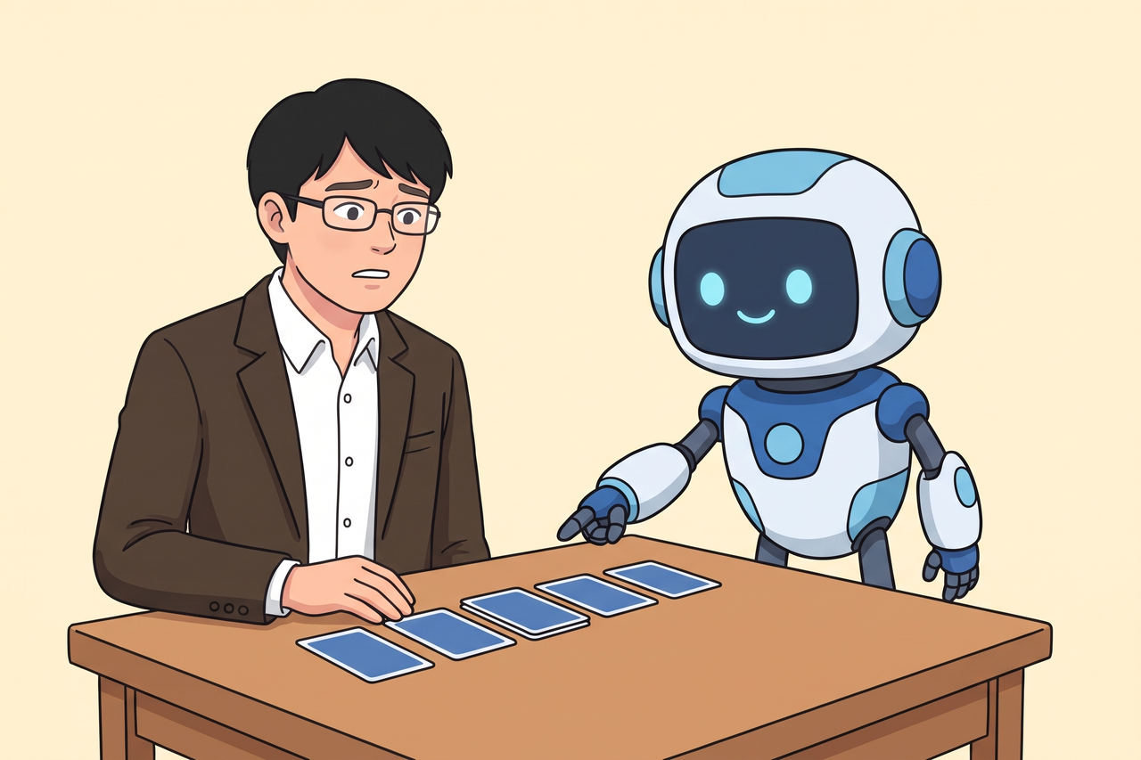 机に並んだカードを指すAIロボットと、少し困った顔の島田