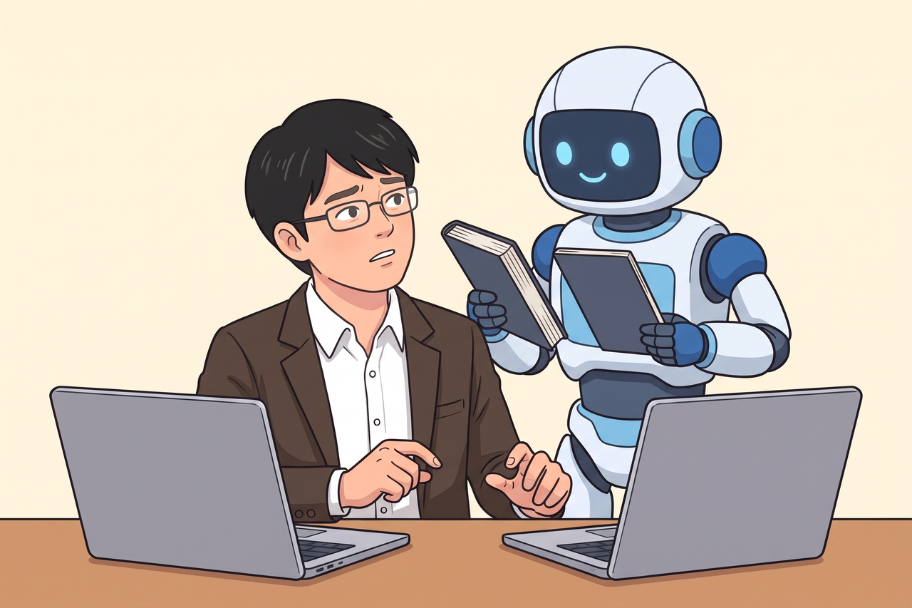2台のノートパソコンの間で首をかしげる島田と、本を2冊持つAIロボット