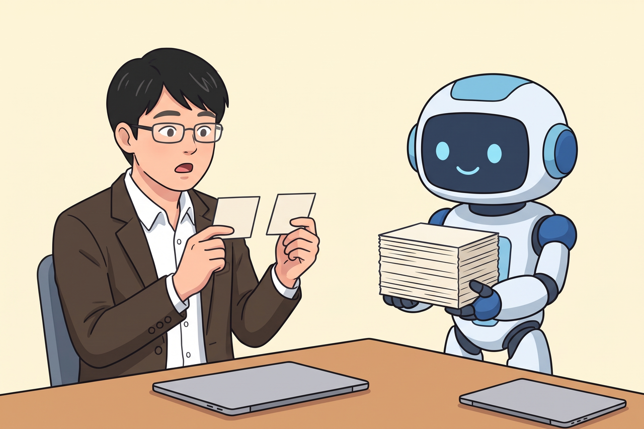 覚え書きを2枚だけ持って驚く島田と、分厚い束を持つAIロボット