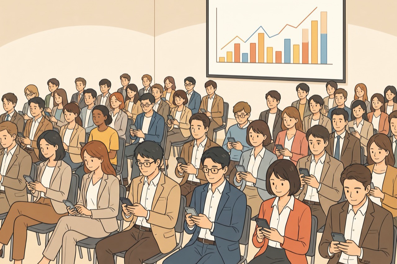 セミナー会場で参加者がQRコードのアンケートにスマホで回答し、その場で集計結果がスクリーンに映し出されている様子のイラスト
