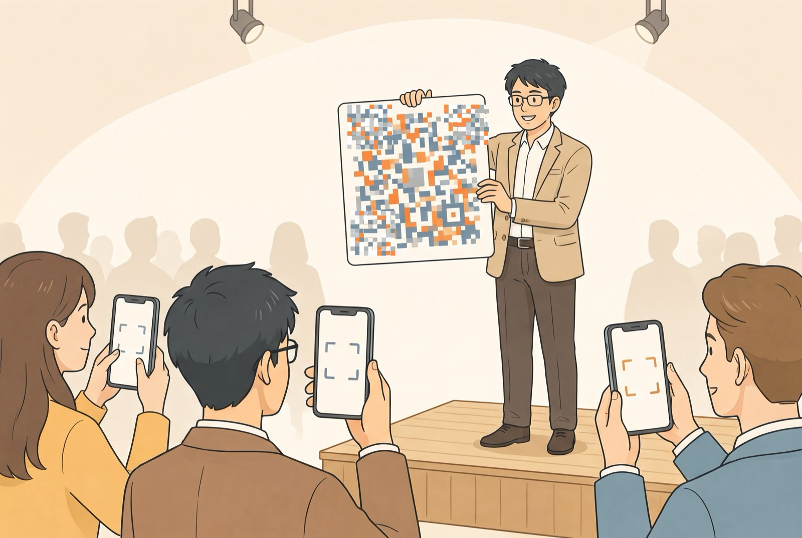 登壇者が掲げた二次元コード風のカードに、聴衆がスマホをかざしているイラスト
