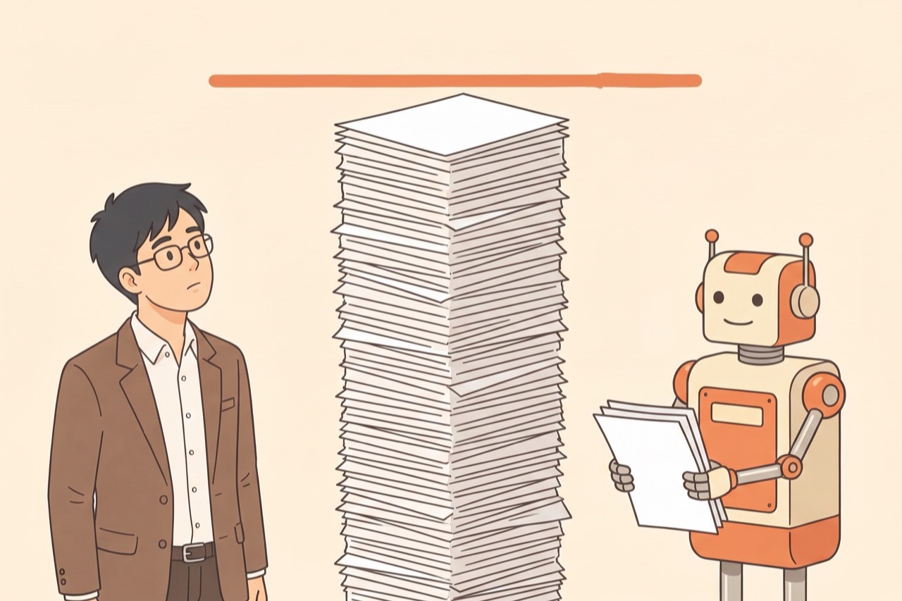 積み上がった記事の山があと少しで基準線に届きそうなイラスト
