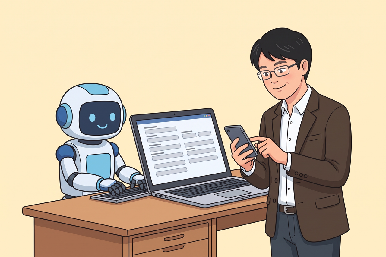 スマホでログインを済ませた男性と、ノートパソコンの申請フォームに入力していくロボット