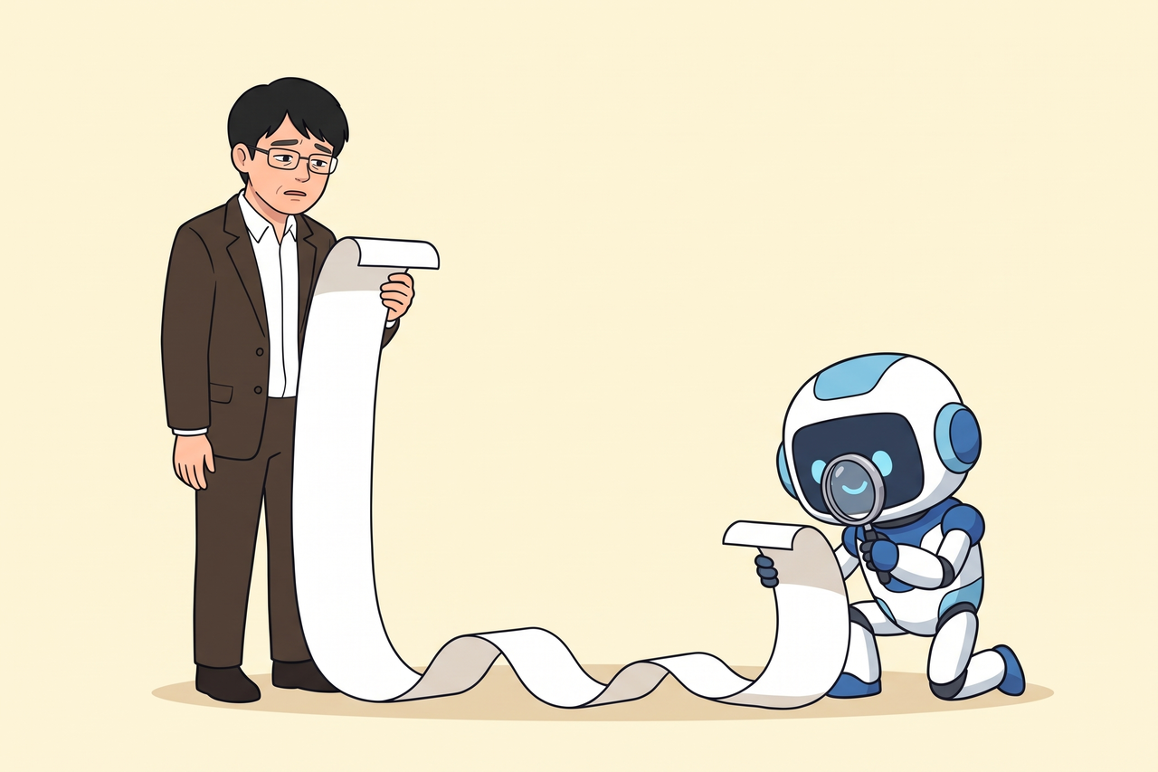 長い巻紙を持つ島田と、その端を虫眼鏡で読むAIロボット