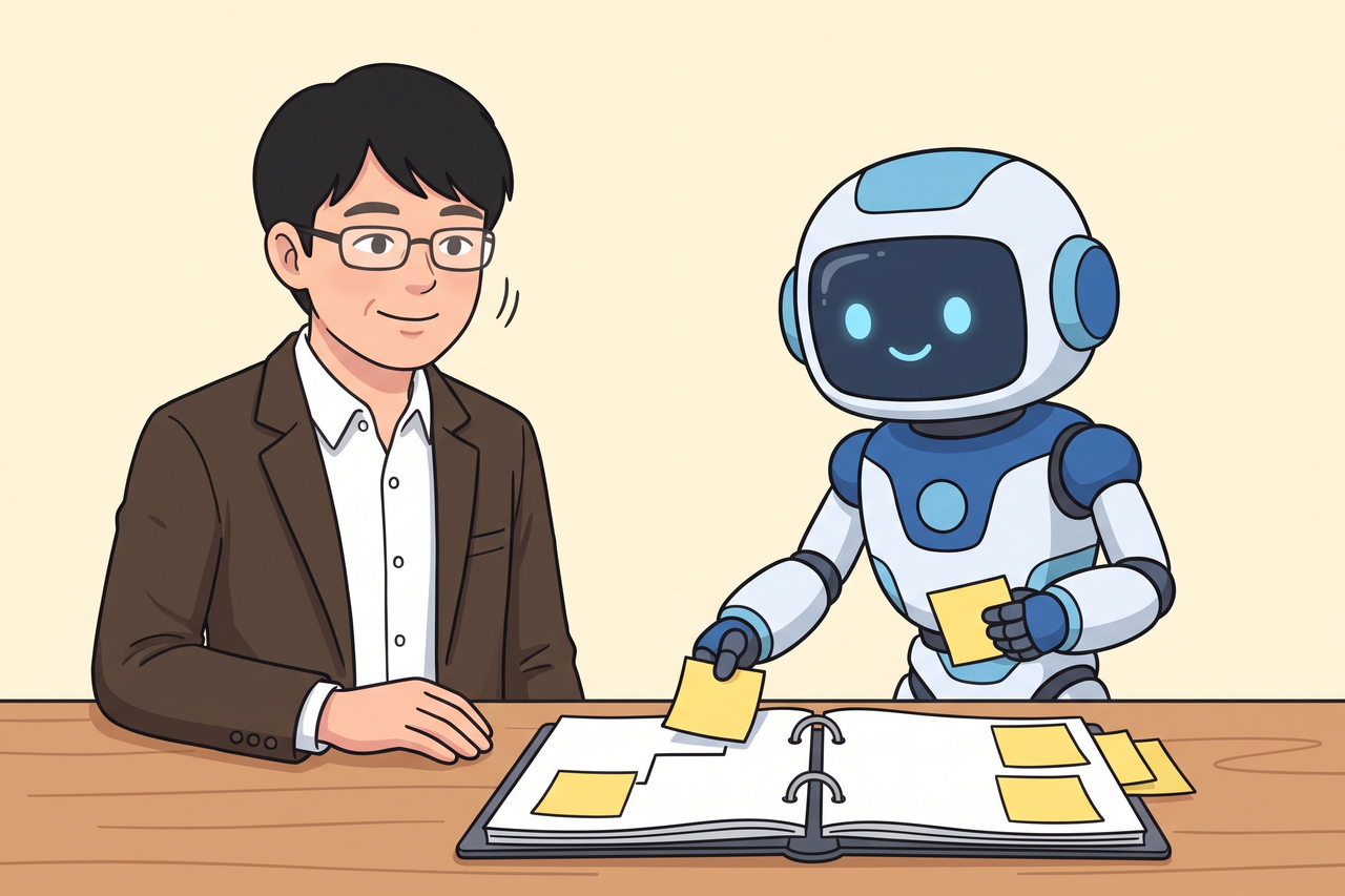 バインダーの手順のすぐ横へ付箋を貼り直すAIロボットと、うなずく島田