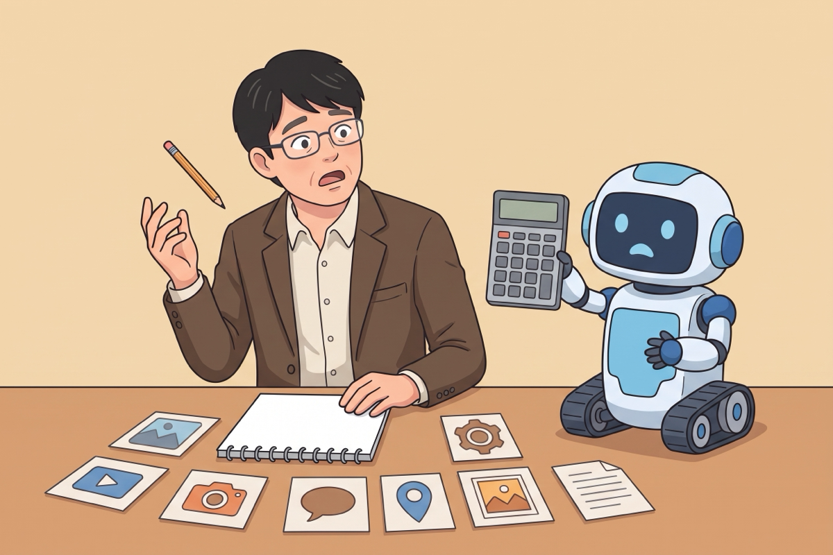 机の上に並べた媒体ごとのカードを足し算していて、出てきた数に目を丸くしている経営者とロボット