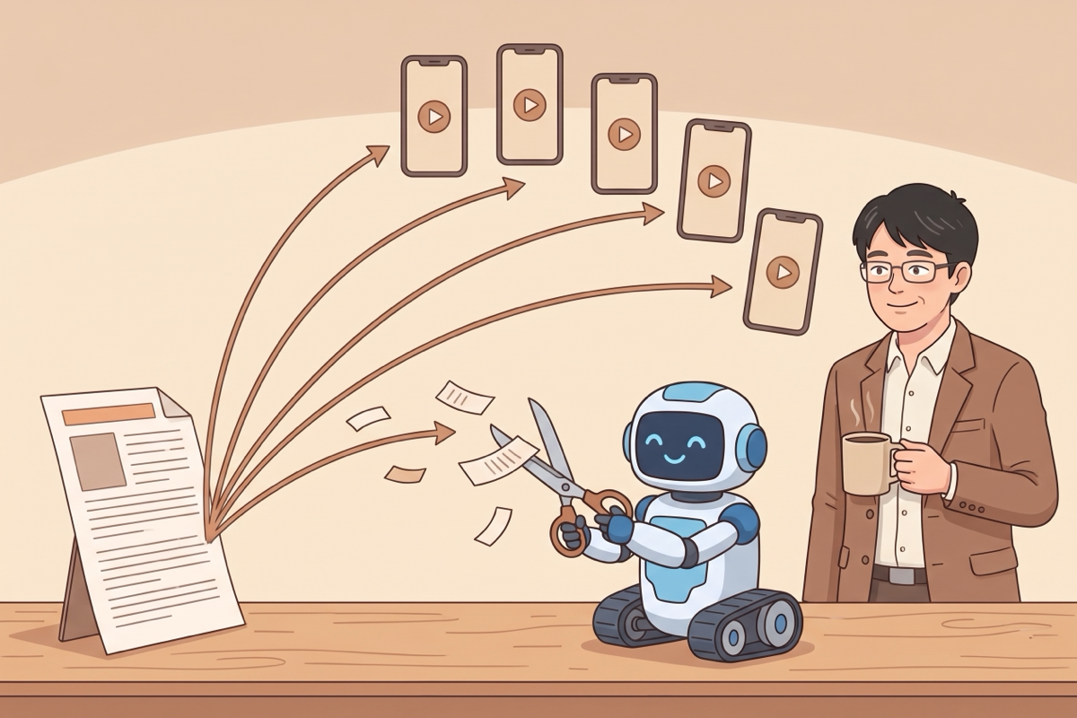 1枚の記事から5台のスマートフォン画面へ矢印が広がり、ロボットが記事を切り分けている。経営者はコーヒーを持って眺めている