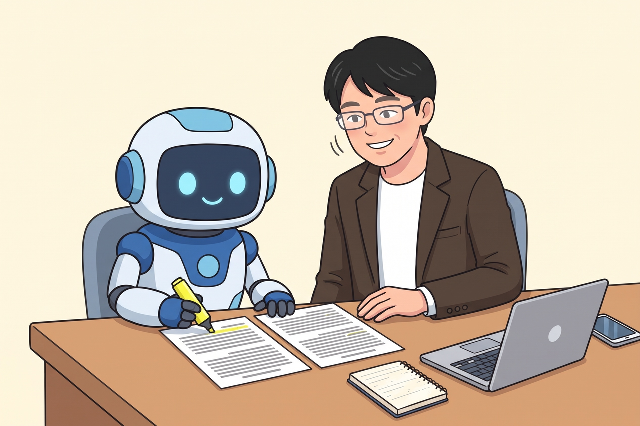 AIロボットが2枚の書き起こしの食い違う箇所に蛍光ペンで印を付け、島田が隣でうなずいている様子