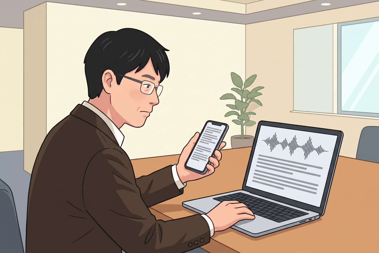 島田がスマホの書き起こしとノートパソコンの書き起こしを見比べている場面