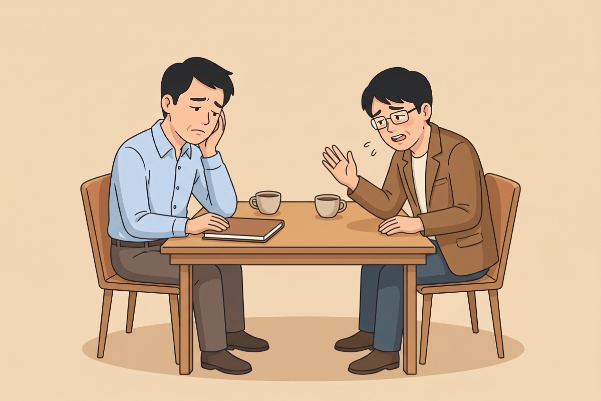 会議の席で、申し訳なさそうに手を上げて話す人と、向かいで困った顔をしている先生