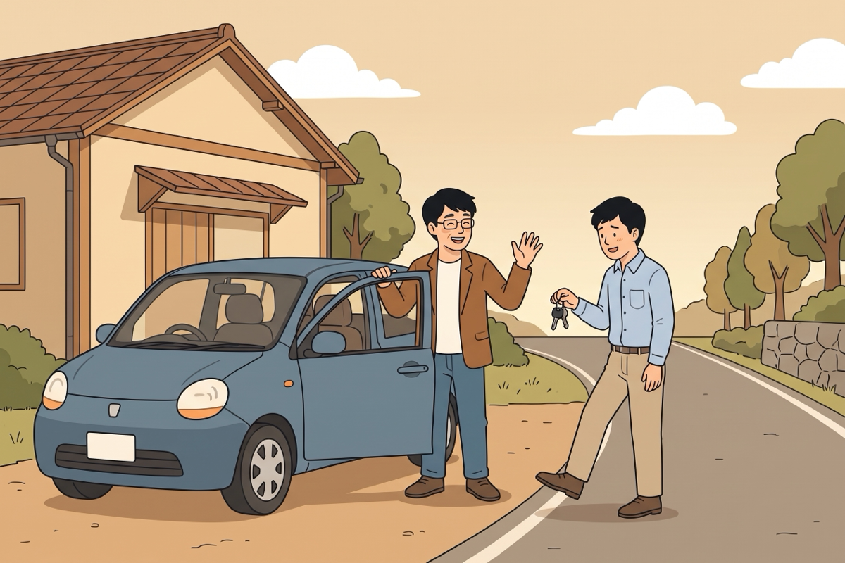 開いた車のドアの横で手招きする人と、鍵を持ってためらいながら一歩踏み出す人