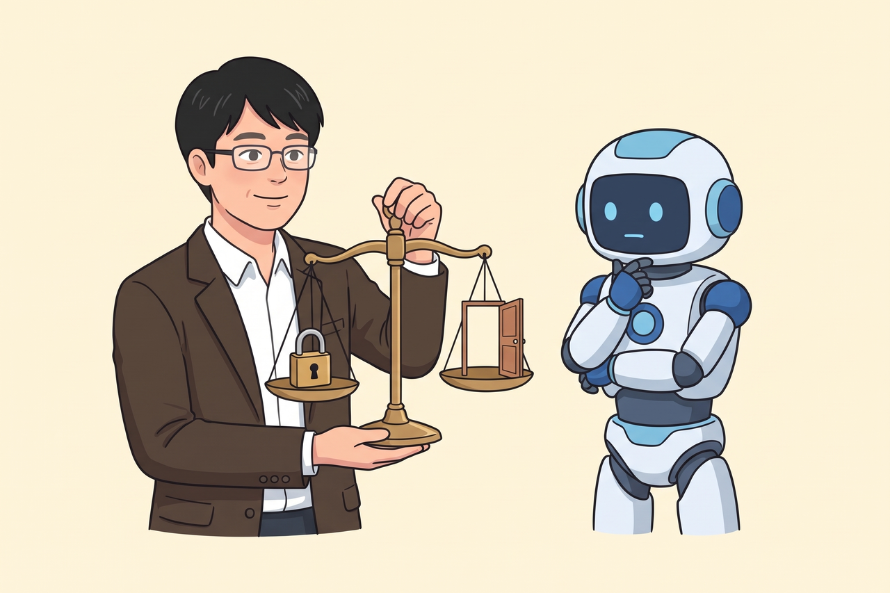 南京錠と開いた扉をのせた天秤を持つ男性と、天秤を見つめて考えるロボット