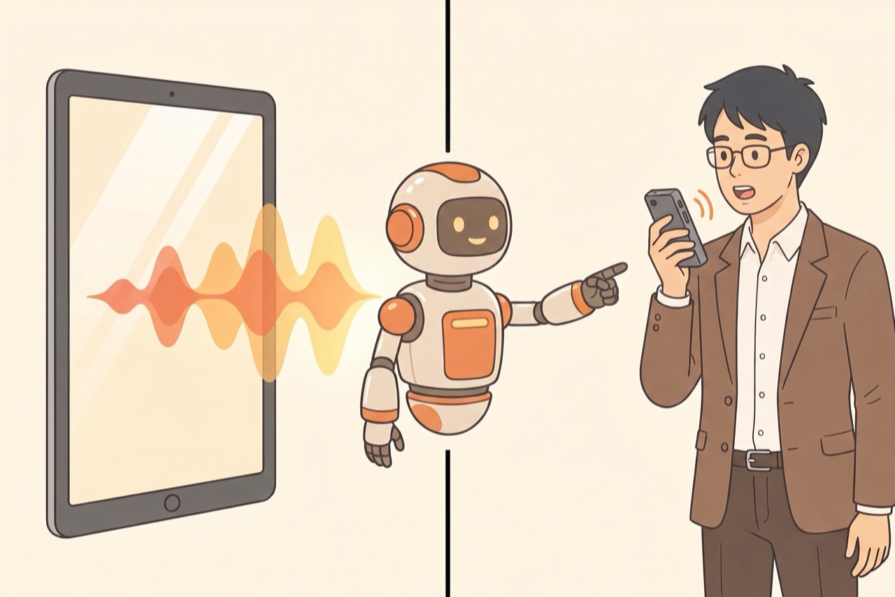 画面の中の声と目の前の本人の声が食い違って驚かれているイラスト
