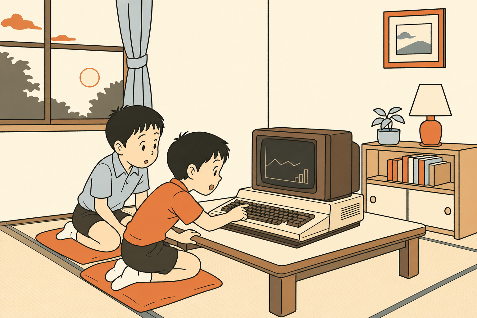 幼馴染の家にあった家庭用パーソナルコンピューターを覗き込む少年時代のイラスト