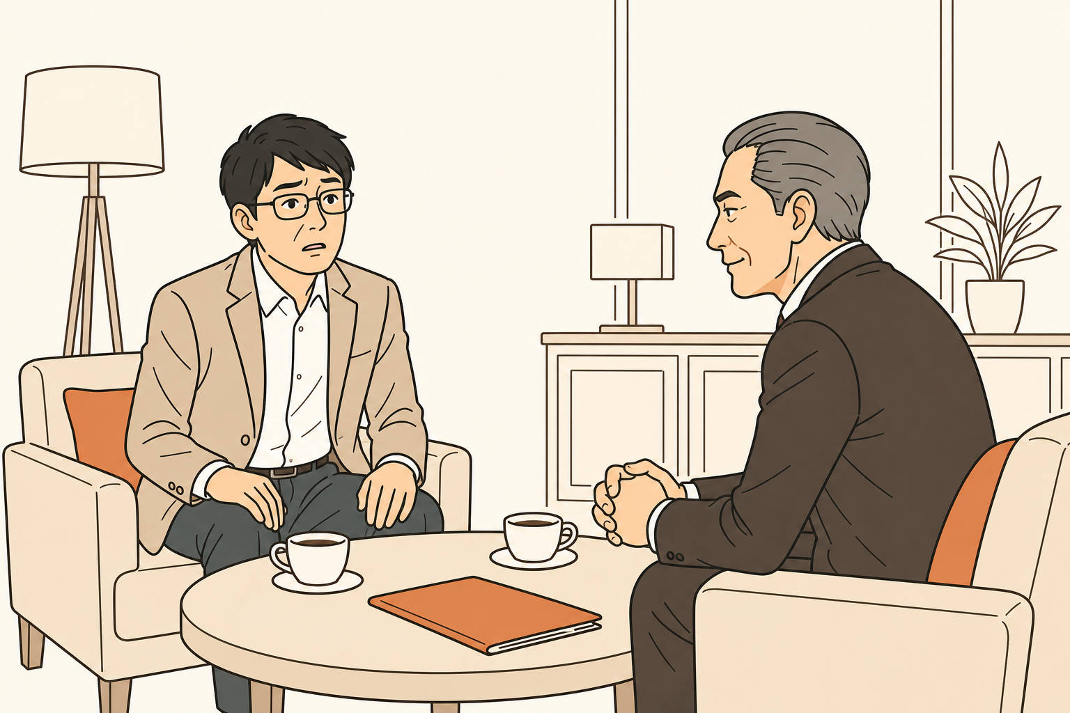 アルマクリエイションでの面談場面のイラスト