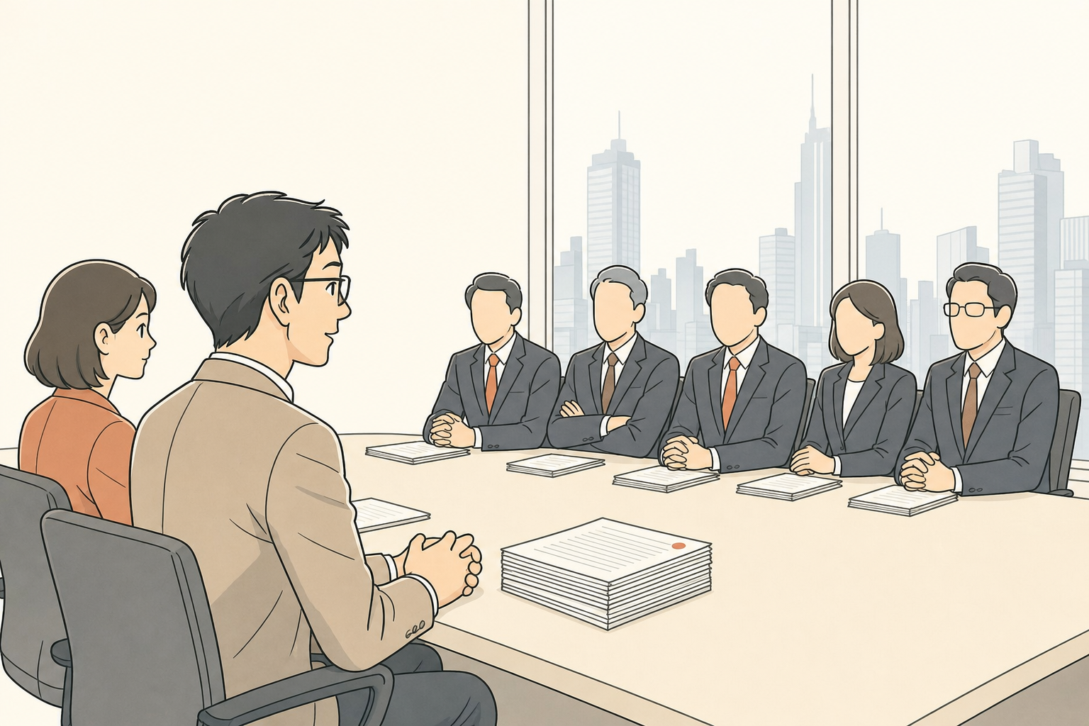 経営者と幹部が会議室で話し合う様子のイラスト