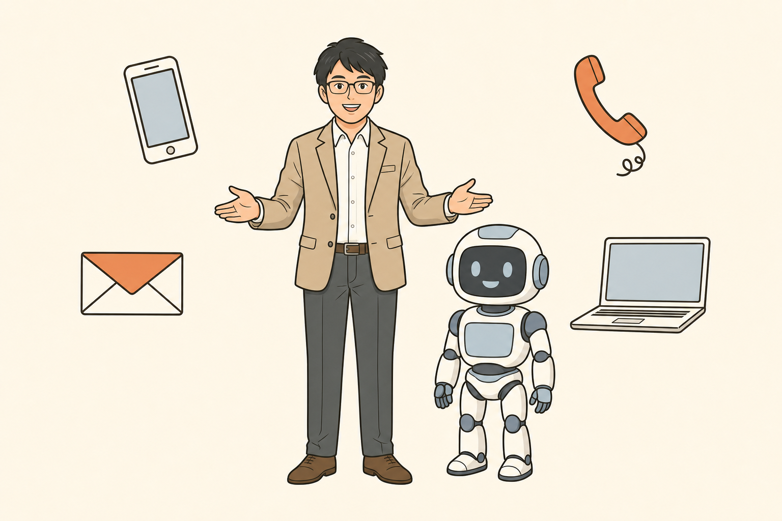 島田とAIロボットが、電話・メール・LINE・フォームで受け付けるイラスト