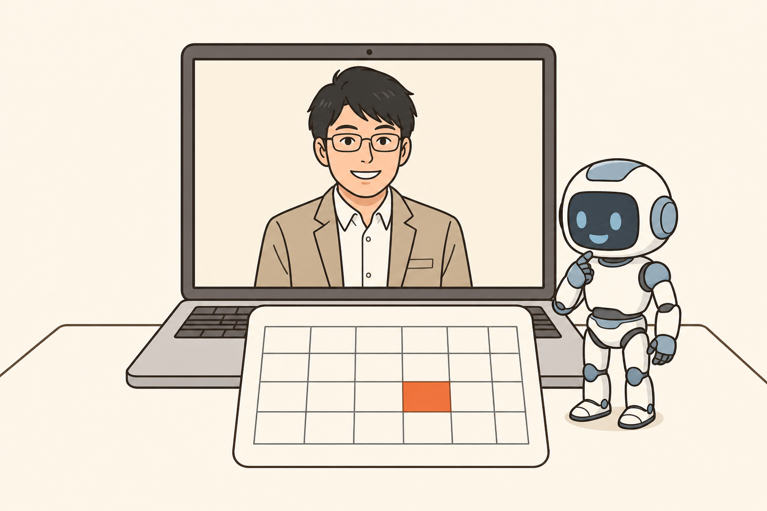 ノートPCの中に映る島田と、横に立つAIロボット。手前のカレンダーで日付を選んでいる