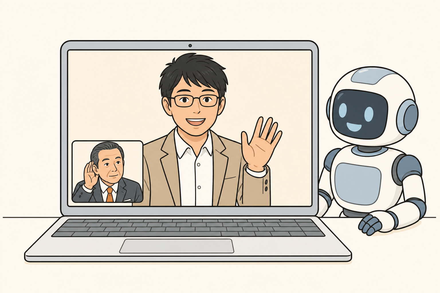 島田とAIロボットがオンラインで迎えるイラスト