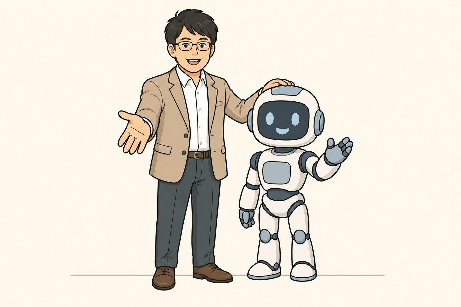 島田とAIロボットが迎えるイラスト