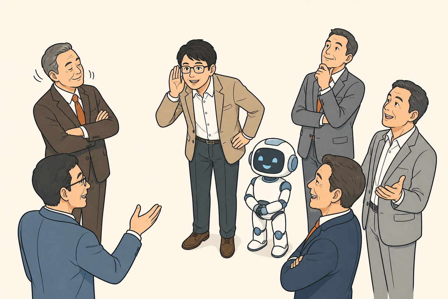 島田とロボットが話を聴くイラスト